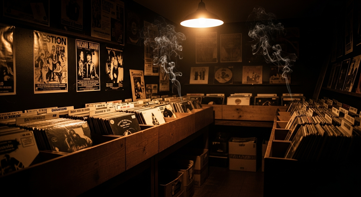 AI_IMAGE: A dimly lit vintage record store back room, shot at eye level across wooden bins overflowing with vinyl LPs. Warm amber light from a single hanging bulb casts deep shadows. Faded concert posters line the dark walls. Wisps of incense smoke curl through the golden light. The mood is intimate, analog, and deeply atmospheric with rich sepia and brown tones against near-black shadows. | photorealistic | landscape