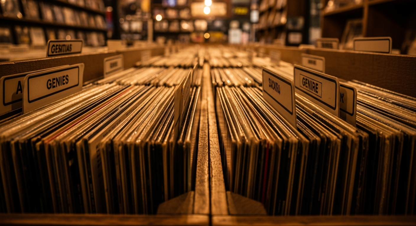 AI_IMAGE: A row of vinyl records packed tightly in a wooden crate bin at a record store, shot from slightly above with shallow depth of field, warm amber overhead bulb light casting long shadows between the sleeves, visible genre divider tabs, worn and authentic atmosphere with rich brown and gold tones | photorealistic | landscape