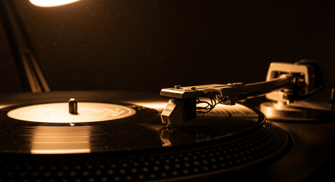 AI_IMAGE: A close-up of a record player tonearm lowering onto a spinning vinyl record in a dimly lit room, warm amber light from a desk lamp illuminating dust particles in the air, extreme detail on the needle and grooves, intimate and meditative atmosphere with rich sepia tones and deep shadows | photorealistic | landscape