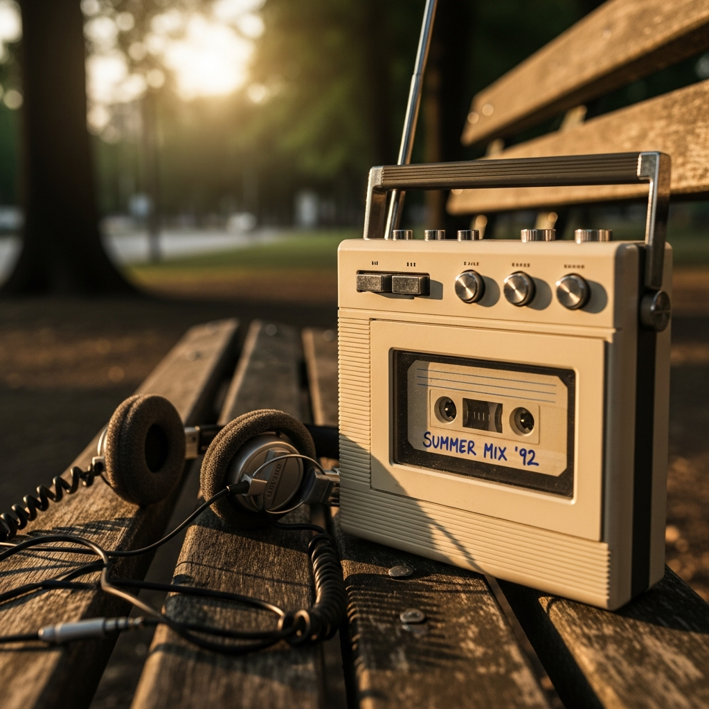 AI_IMAGE: A vintage portable cassette player with headphones plugged in sitting on a park bench, late afternoon golden hour sunlight filtering through trees, warm nostalgic atmosphere, the cassette visible through the window showing a handwritten label, soft bokeh background | photorealistic | square