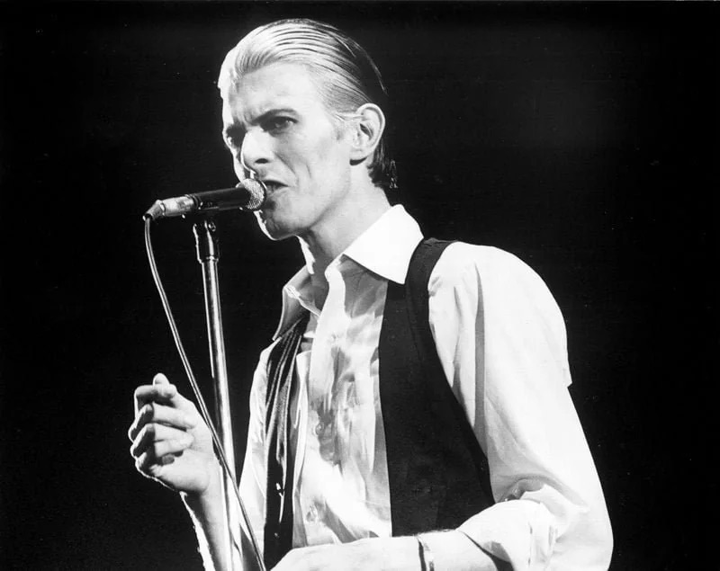 David Bowie at microphone circa 1977