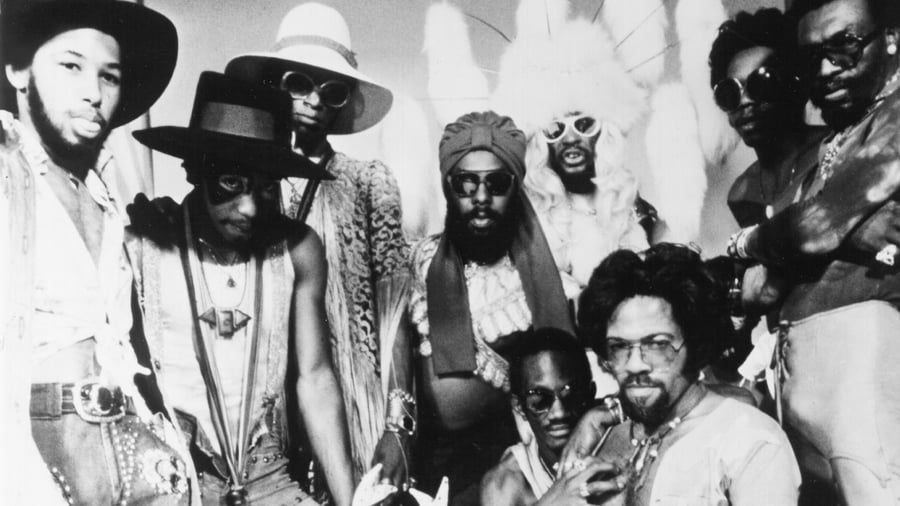 Group shot of the band Parliament circa 1975