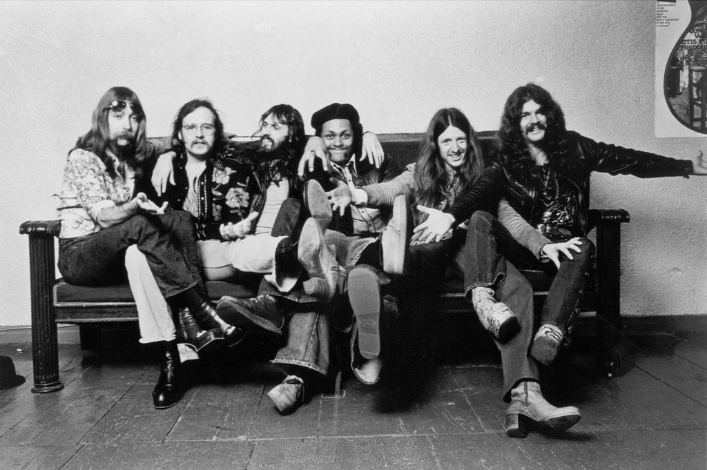 Group shot of the band The Doobie Brothers circa 1974