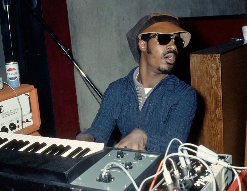 Stevie Wonder at the keyboards during the recording of Talking Book