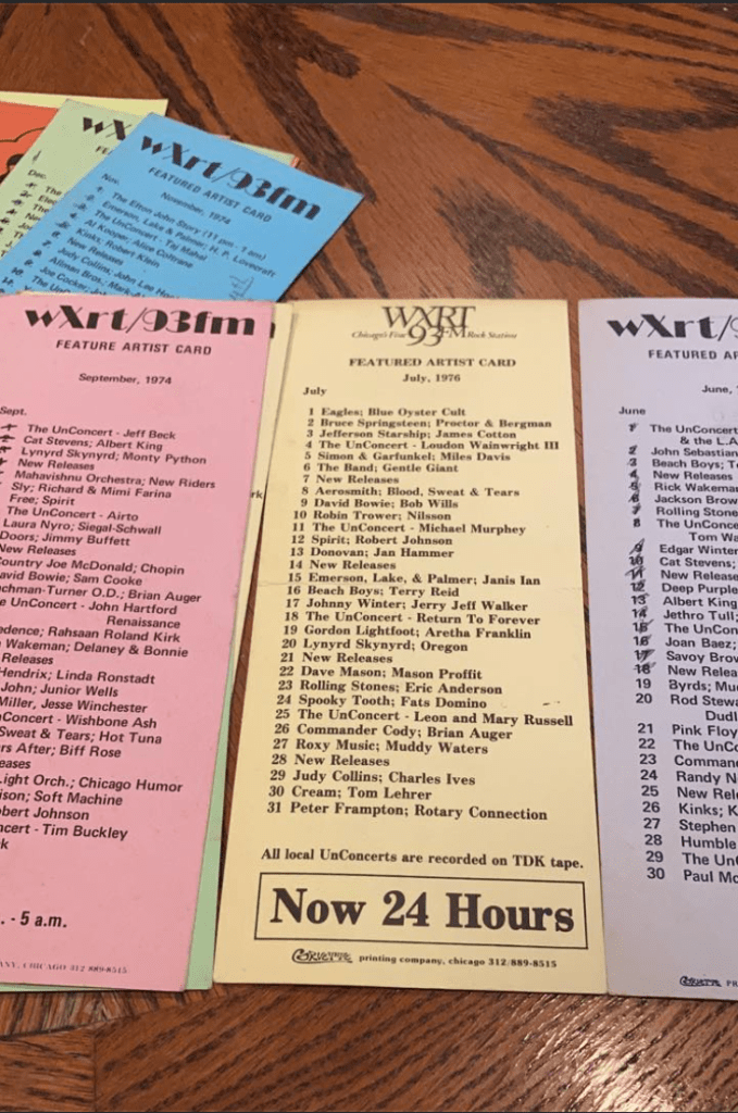 A photo of an assortment of Featured Artist Cards from Chicago radio station WXRT