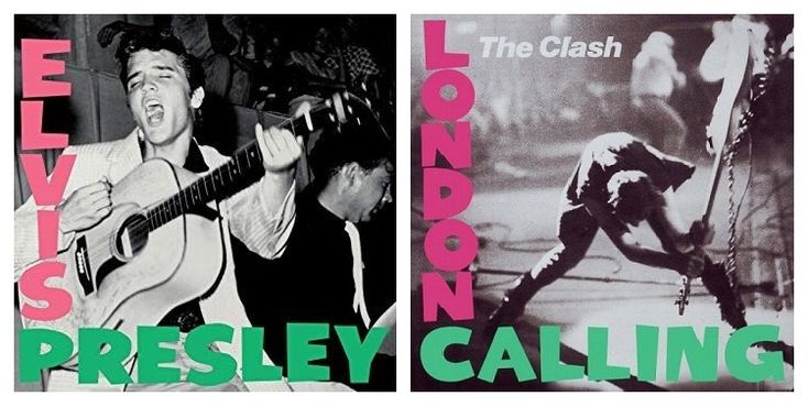 The covers of Elvis Presley's debut side by side with The Clash's London Calling to show the similarity in style, lettering and color.