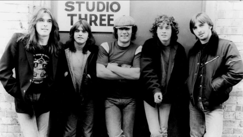 Group shot of the band AC/DC 1980