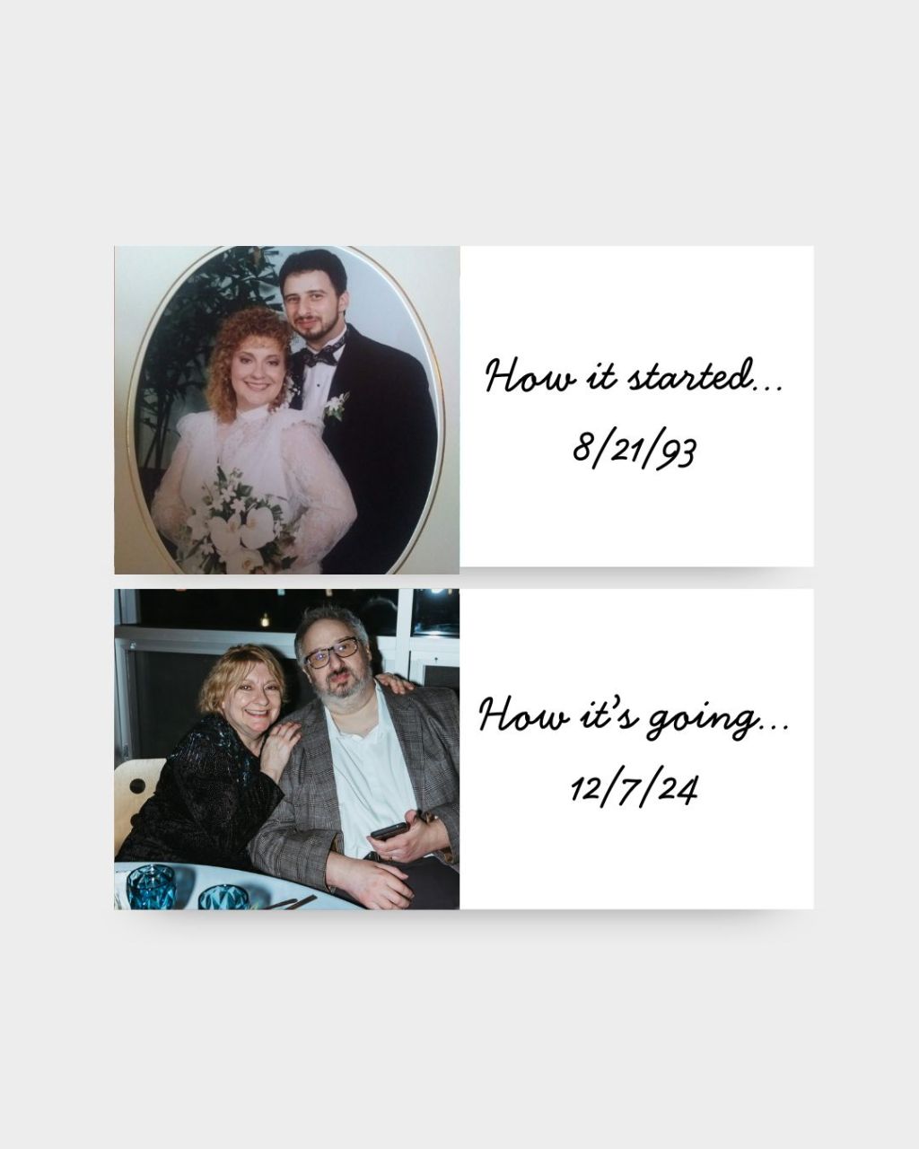 2 pictures of Gina and Scott - one from our wedding on 8/21/93 and another on 8/7/2024