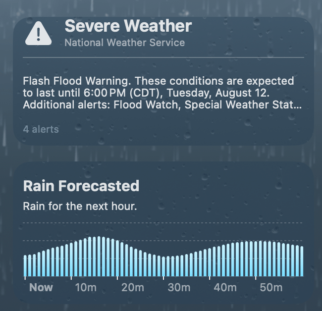 Screenshot of weather forecast with severe weather alerts for rain and heavy rain forcast