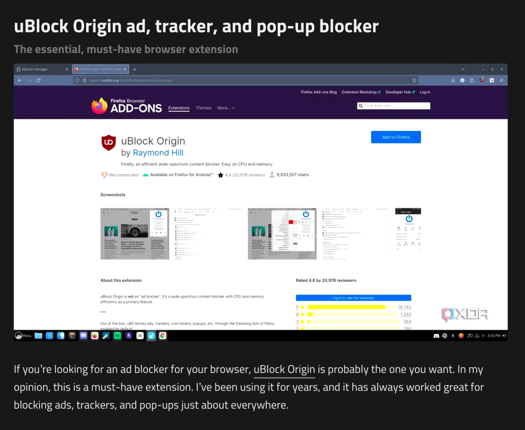 A screenshot of an article from XDA about uBlock Origin, a must-have browser extension.