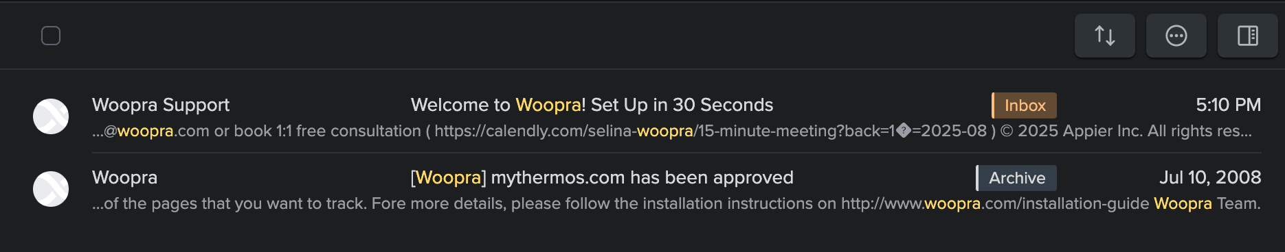 Photo of email search showing two emails from Woopra Support received 17 years apart.