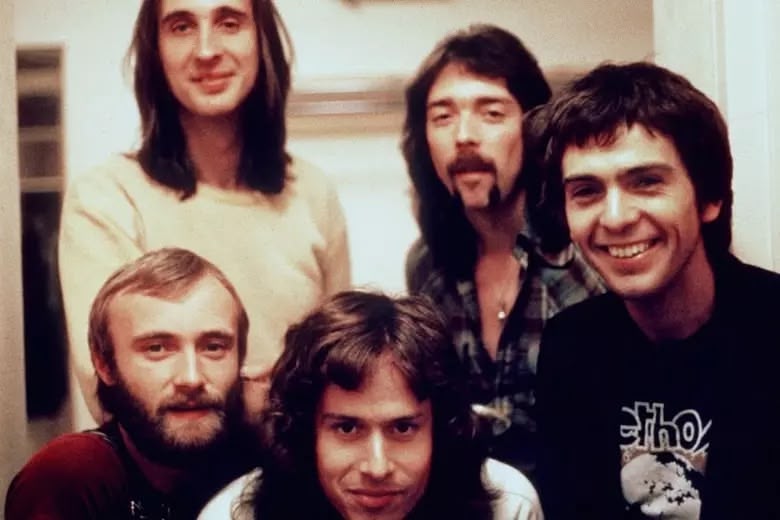 Group shot of the band Genesis circa 1974