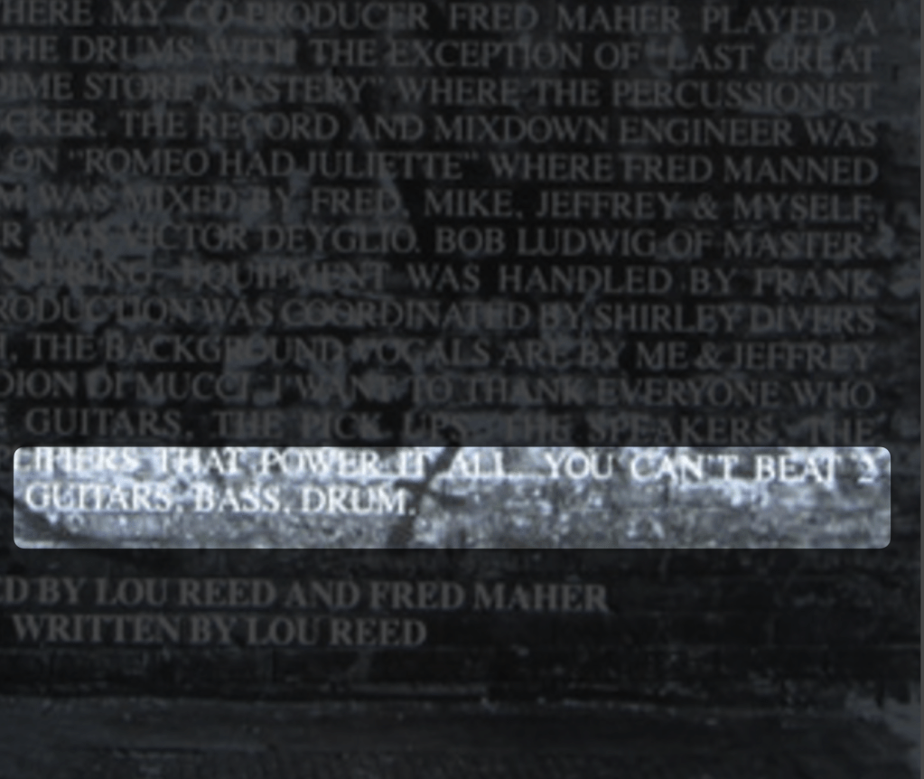 Liner notes for Lou Reed's New York album - featuring the line "You Can't Beat 2 Guitars, Bass, Drum."