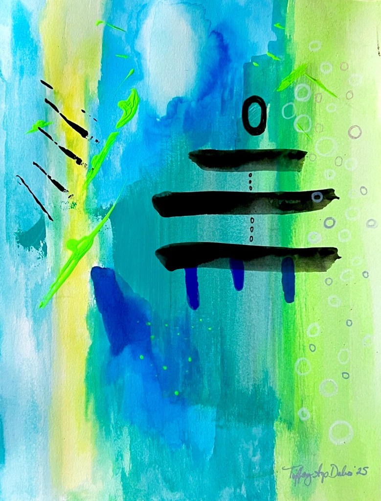 An abstract painting by Tiffany Arp-Daleo called Balance With Bubbles - featuring a background of blues and greens with broad strokes of black of various thickness and circles of various shades scattered throughout.