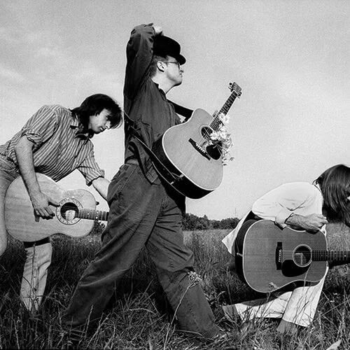 Group shot of the band XTC outdoors on grass all holding acoustic guitars