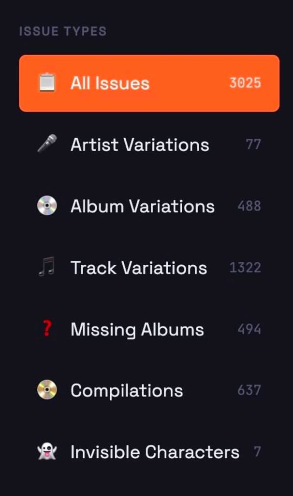 The scrobble analyzer issue list showing the various types of issues it finds and the number of issues of each type