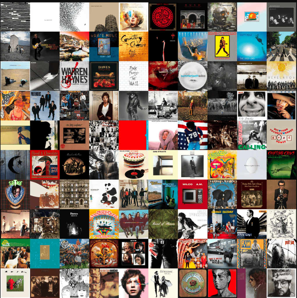 A 10 x 10 graphical representation of my most listened to albums of 2025 represented by the cover art.