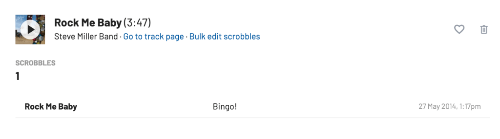 A screenshot of the last.fm track page for the song "Rock Me Baby" by Steve Miller showing just the one play.