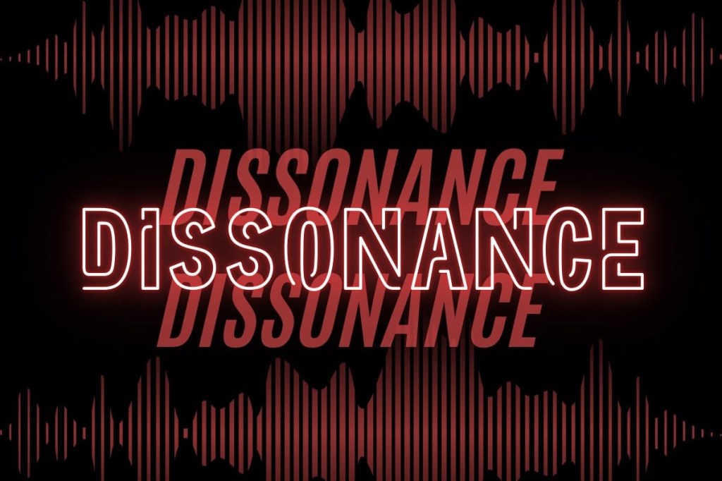 The word Dissonance displayed three times in a 3-D like perspective - rec on black background.
