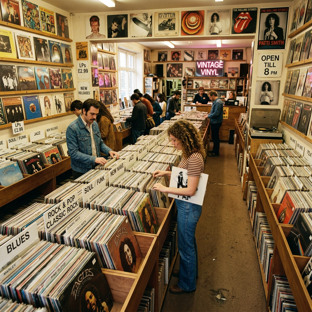 People browsing vinyl records in a vintage record store with labeled sections and music posters