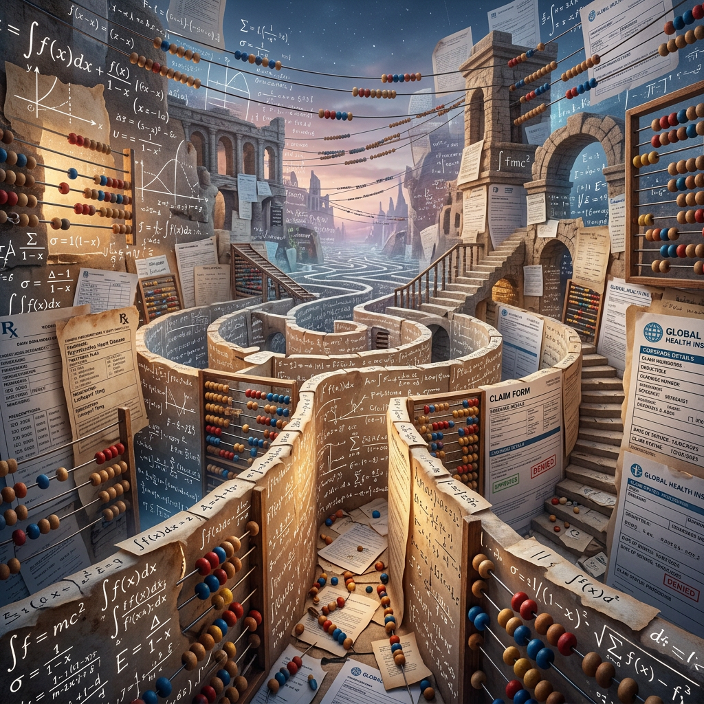 Surreal maze covered in equations, abacuses, and health insurance forms