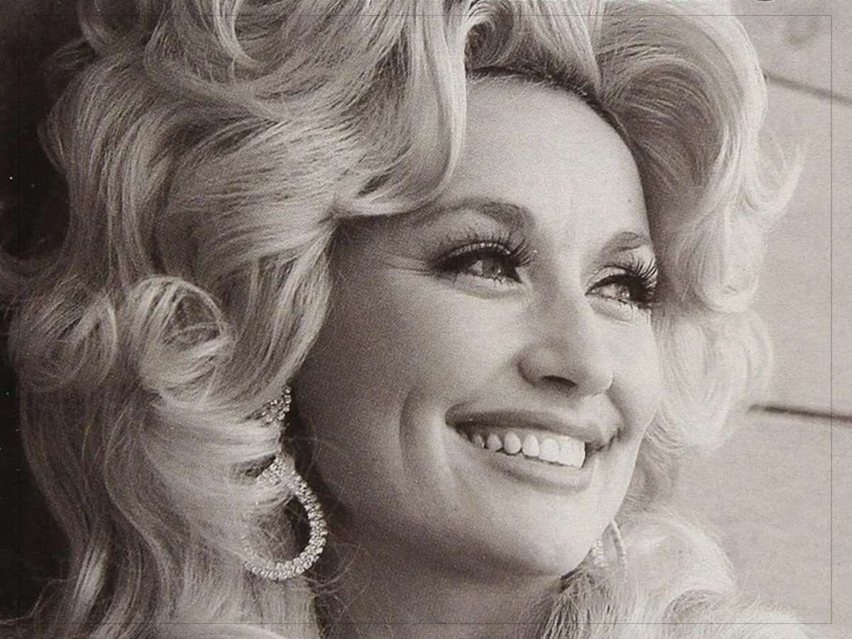 B&W close up of Dolly Parton - circa 1970s