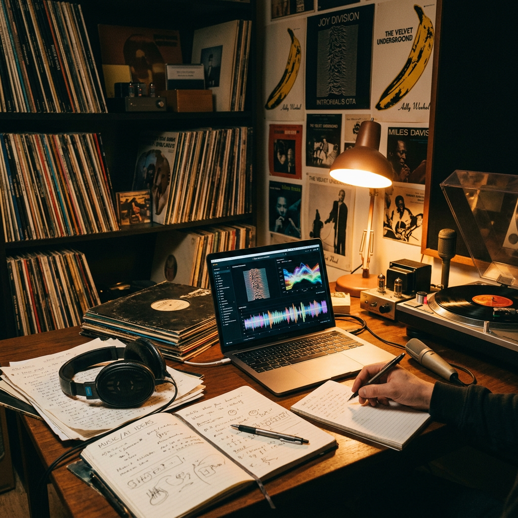 Laptop displaying audio waveforms beside vinyl records, headphones, notes, and turntable